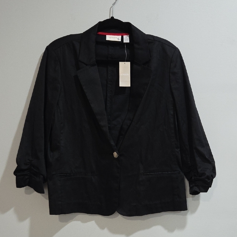 Chico's Classic Black 3/4 Ruched Sleeves Blazer Sz2 ( Chicos Sz) New With Tag